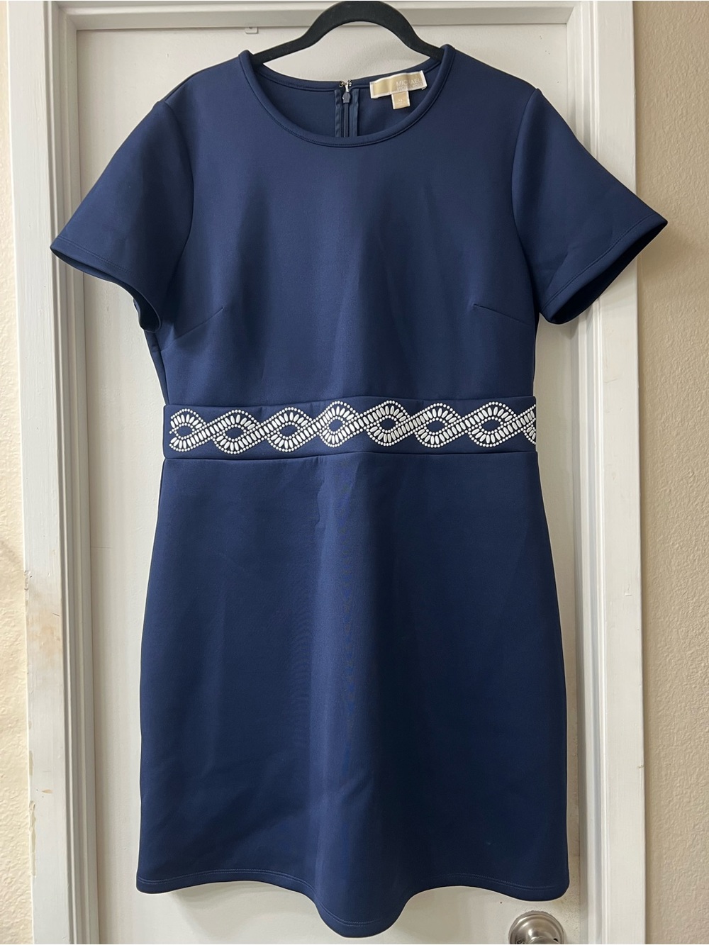MICHAEL Michael Kors Navy Short Sleeve Shift Dress with Beaded Waistband - XL